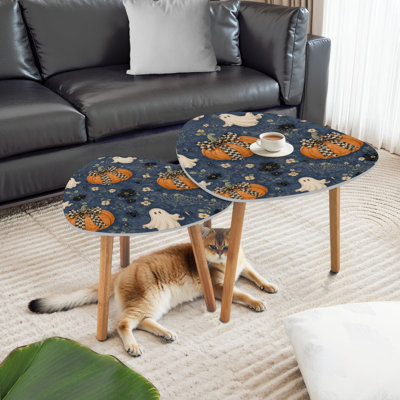Triangle Nesting Coffee Table Set of 2 Halloween Pumpkins Ghosts Flowers Spiderwebs Blue End Table Modern Minimalist Side Table Set for Living Room Bedroom