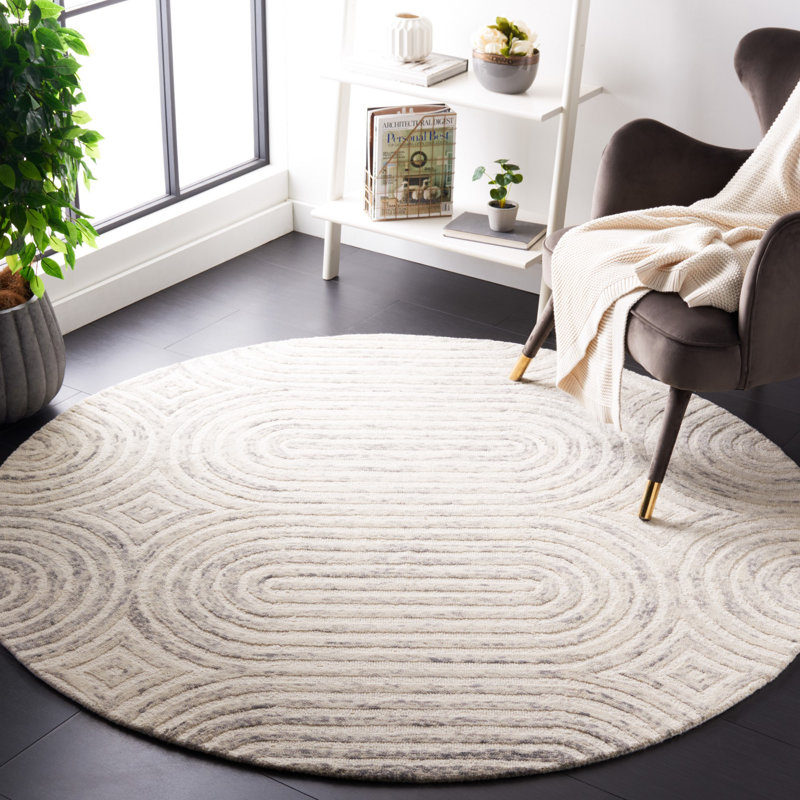 Azrael Hand Tufted Wool Cotton with Latex Geometric Rug in Ivory/Gray, Round 6'