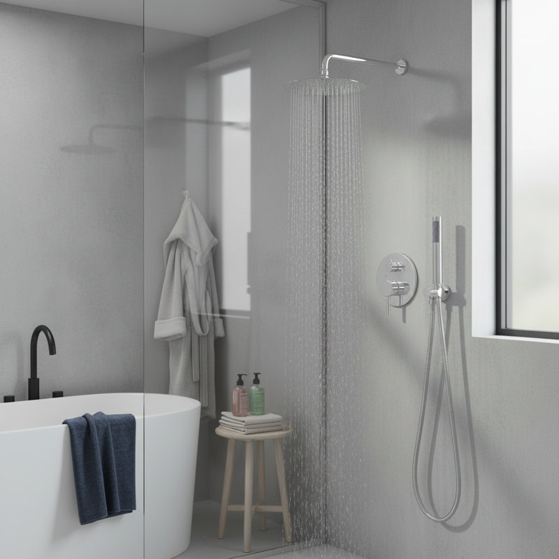 10" Chrome Wall Mounted Dual Function Shower System With Rough-In Valve, Rainfall Head And Handheld, Silver