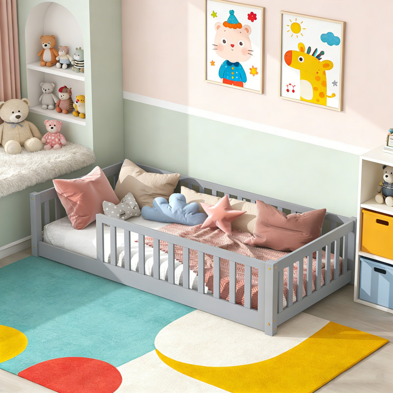Lit plateforme simple en bois massif pour enfants avec transition pour lit de tout-petit et clôture, Gris