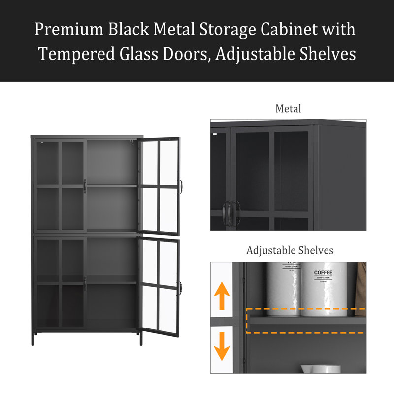 Premium Black Metal Storage Cabinet With Tempered Glass Doors, Adjustable Shelves, Anti-Tipping Device, Magnetic Silent Closure, And Adjustable Feet For Home And Office Use