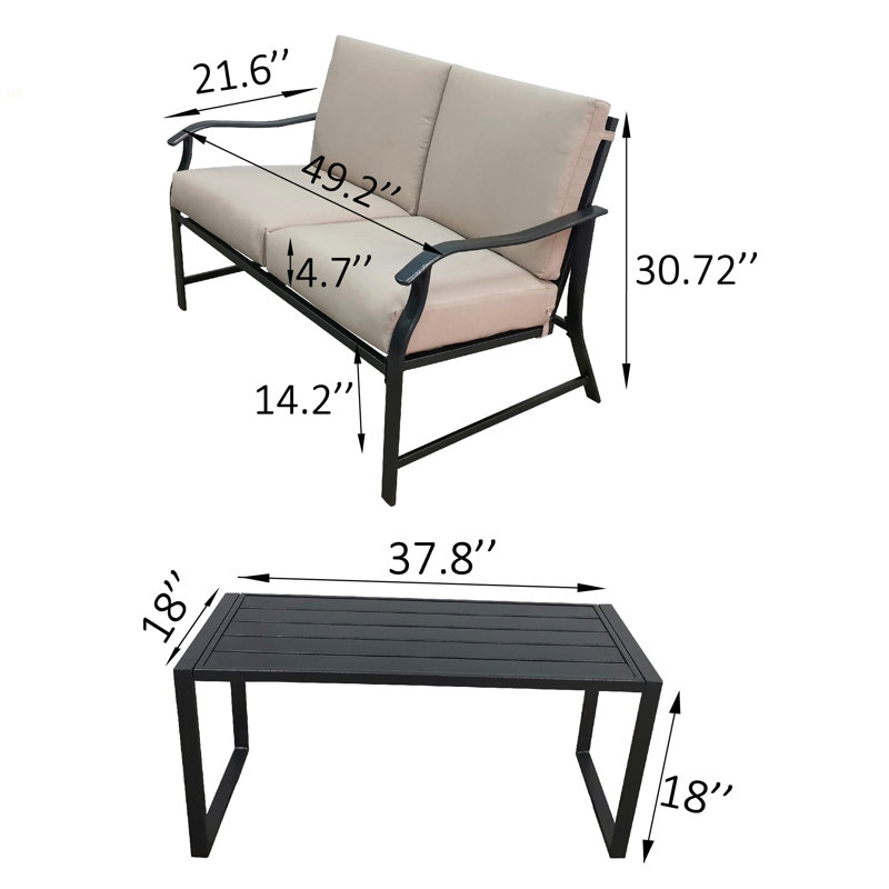Ensemble de causeuse et table d'extérieur 2 pièces avec coussins, mobilier de patio moderne en métal