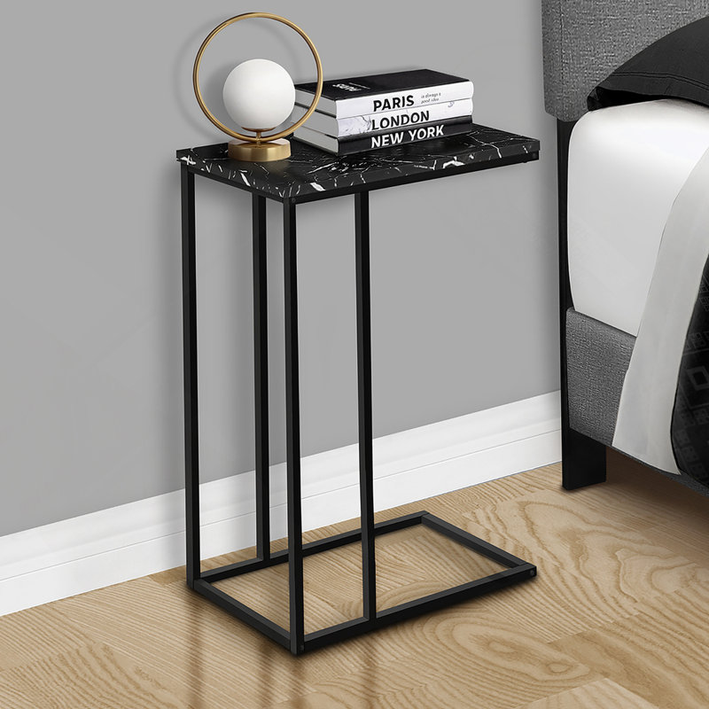 Table d'appoint, en forme de C, bout, côté, collation, stratifié aspect marbre noir, métal noir
