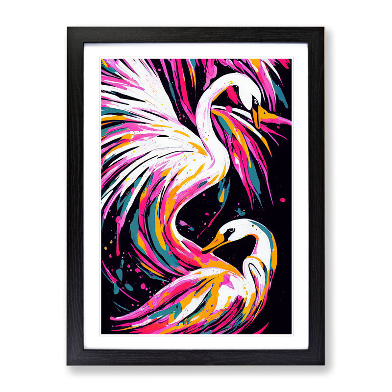 Two Swans In Colour Abstract - Single Picture Frame Painting, 64cm H x 46cm W x 2cm D, Black Framed