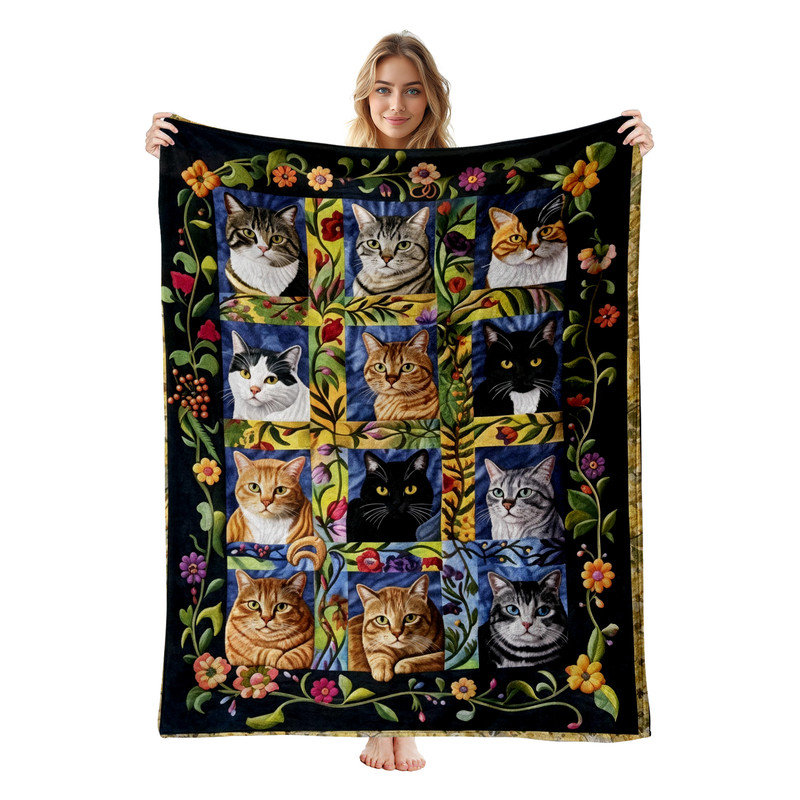 Jeté en flanelle JYK, L 50 po x l 60 po, Visage de chat floral