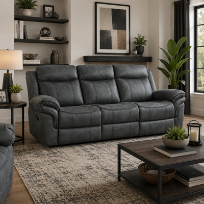 Arisa Manual Reclining Sofa, Drop-Down Table, Gray Faux Leather 87 Inch