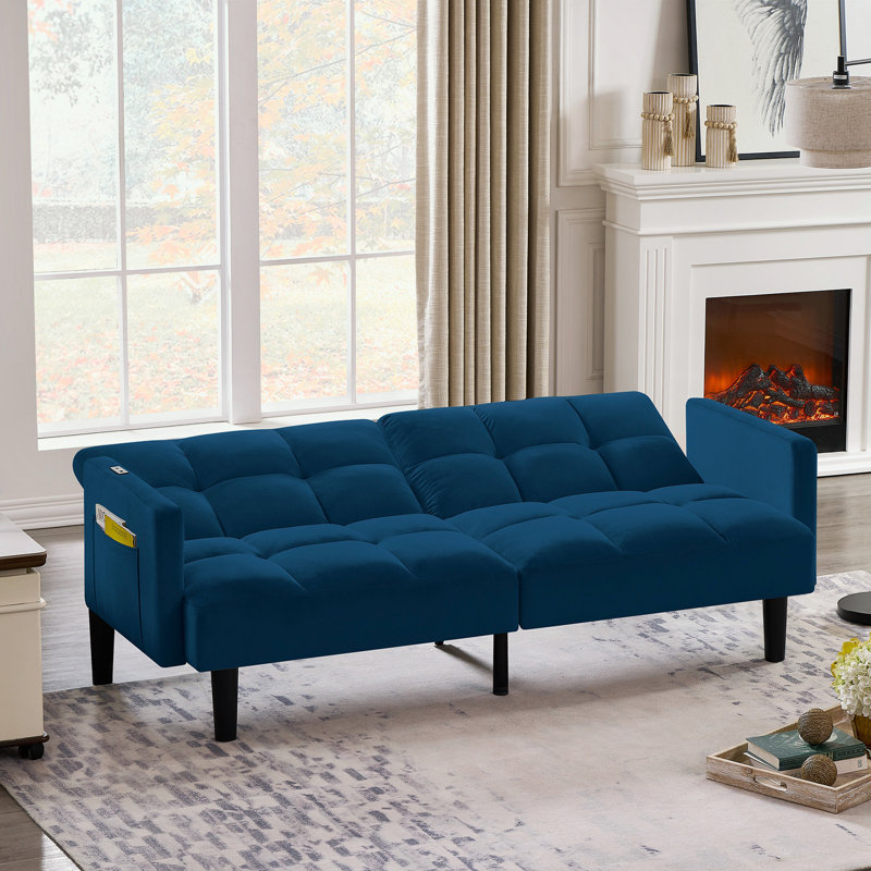 Velvet Convertible Folding Sofa Bed with side pocket, Navy Blue