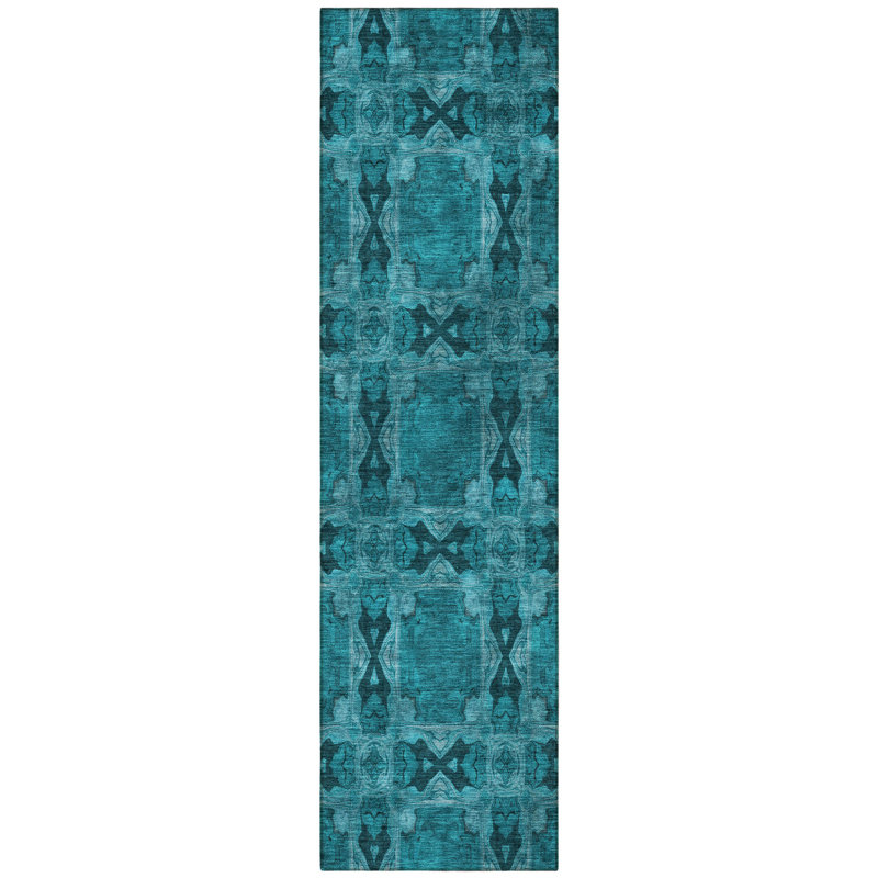 8' Runner Teal Floral Medallion Washable Non Skid Indoor Outdoor Runner Rug