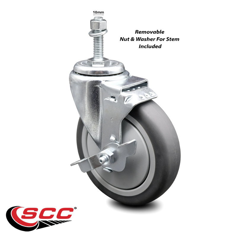 Rubber Wheel Swivel 5/8 Inch Threaded Stem Caster Set with Brake