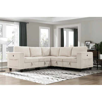 Modern Sofa 5-Piece Modular Sectional With Storage Seats, Side Pockets, Charging Ports Beige Corduroy Fabric Modern Living Room Sectional Couch Solid Wood Furniture