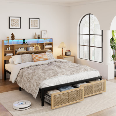 Aubreylynn Rattan Bed Frame with Storage Headboard and 2 Drawers, LED Bed Frame with Charging Station by Bay Isle Home