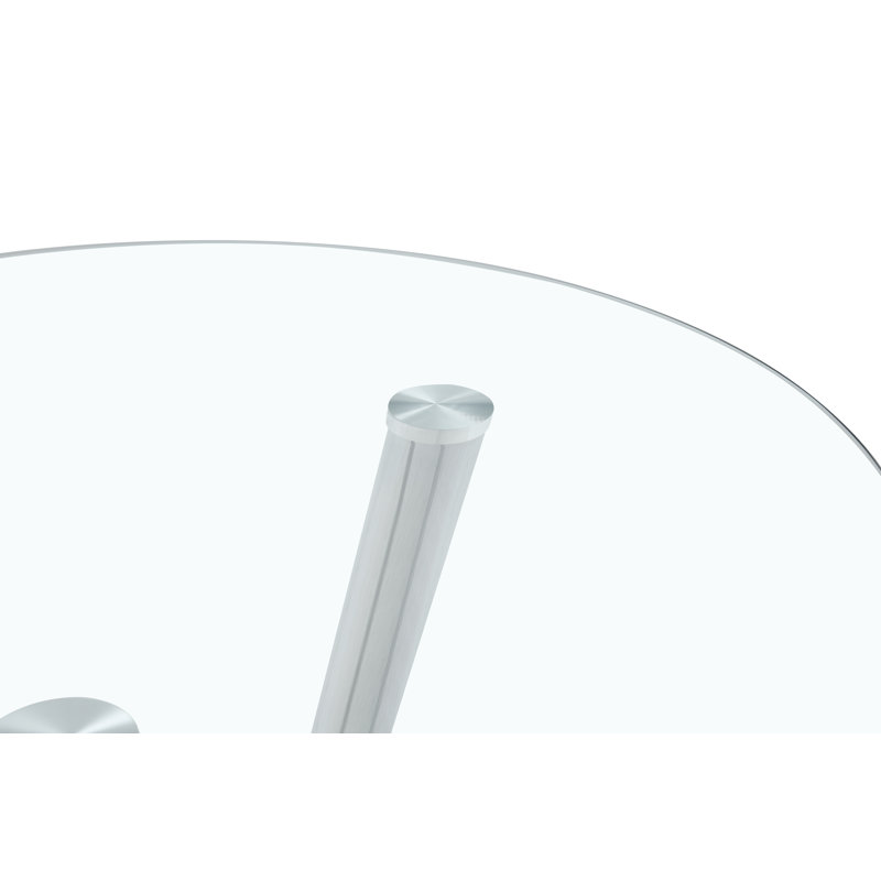 35" Round Glass Top Dining Table for 4 with Metal Base, for Kitchen and Small Spaces, Silver, Transparent