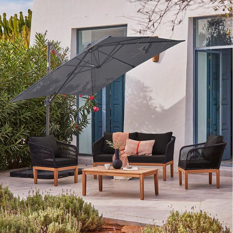Alzamora Rope Garden Conversation Set with LED Premium Cantilever Parasol, Black, Grey
