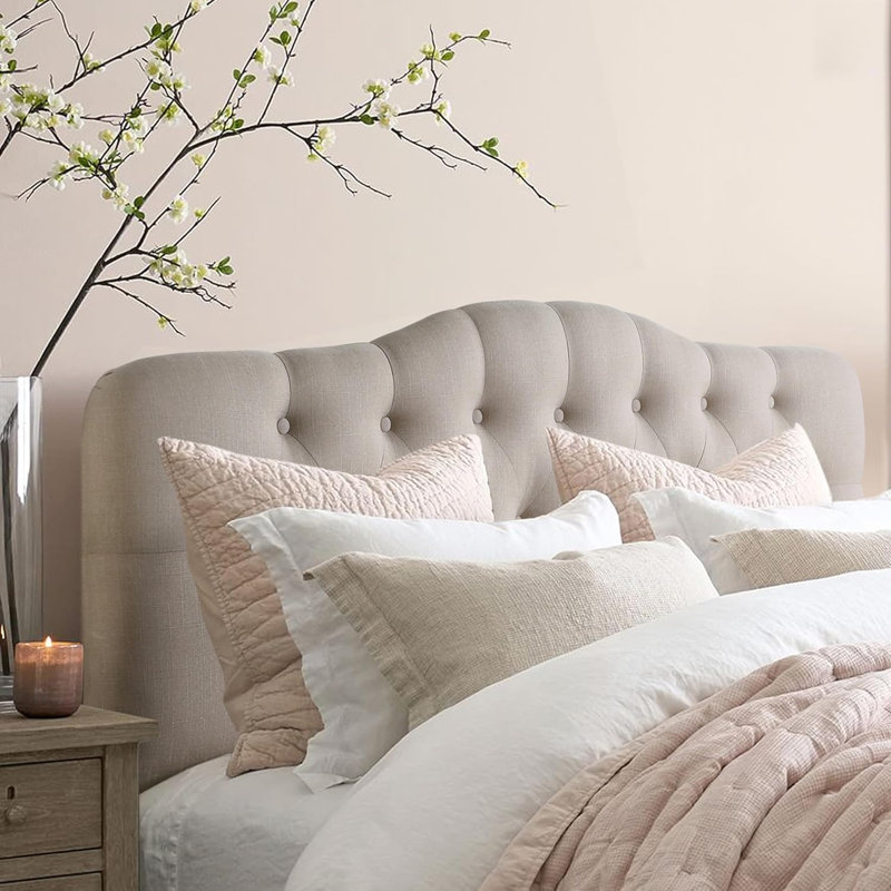 Linen Upholstered Headboard-Modern-Adjustable Height-Button Tufting, Beige, King