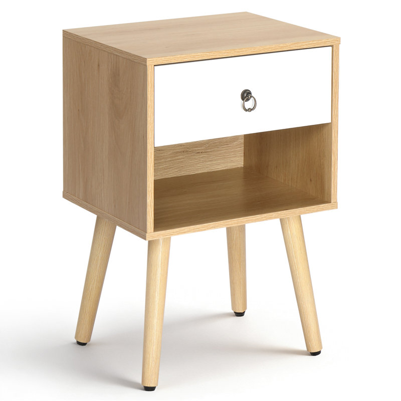 15.0" White & Oak Nightstand, P2 Particleboard & Solid Legs, Matte Melamine, Ring Handle, 1 Drawer, Oak/White