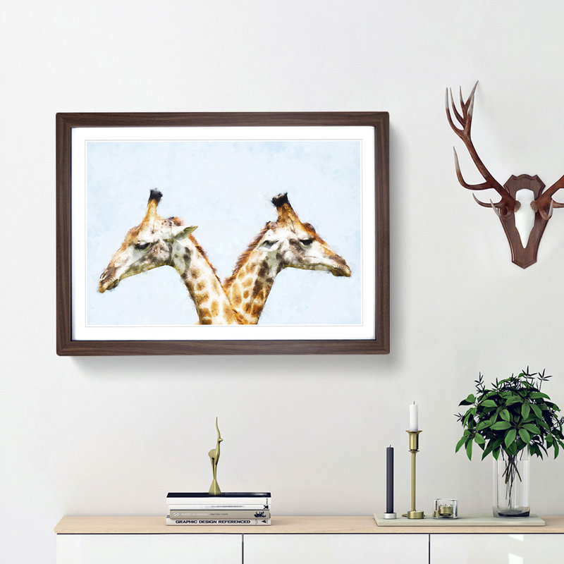 Giraffes Looking Both Ways - Picture Frame Graphic Art Print, 24cm H x 33cm W x 2cm D, Walnut Framed
