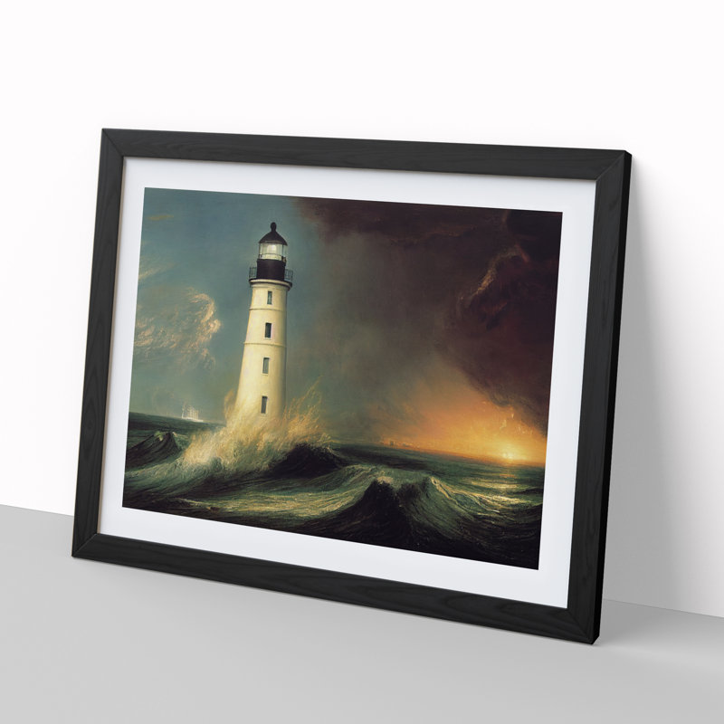 Dashing Lighthouse Seascape - Single Picture Frame Print, 46cm H x 64cm W x 2cm D, Black