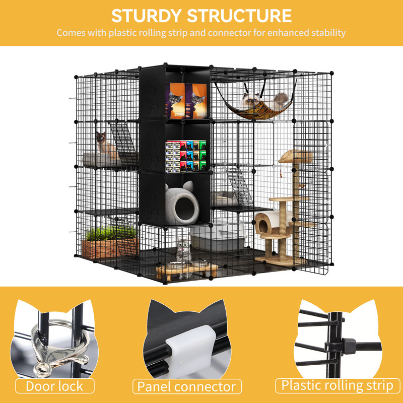Tucker Murphy Pet™ Large Cat Cage With Storage Cube DIY Indoor Catio Cat Enclosures Metal Cat Playpen With Large Hammock