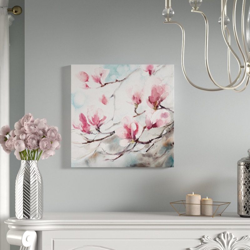 « magnolia spring », reproduction d’art sur toile tendue, H 18 po x l 18 po x P 1,5 po, Toile avec cadre noir, Pas de tapis