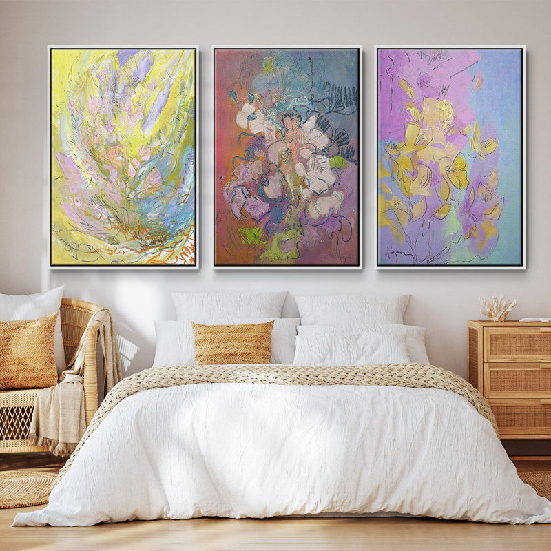 Approche de l'équinoxe, ensemble de 3 pièces encadrées sur toile, H 27 po x l 54 po, Blanc