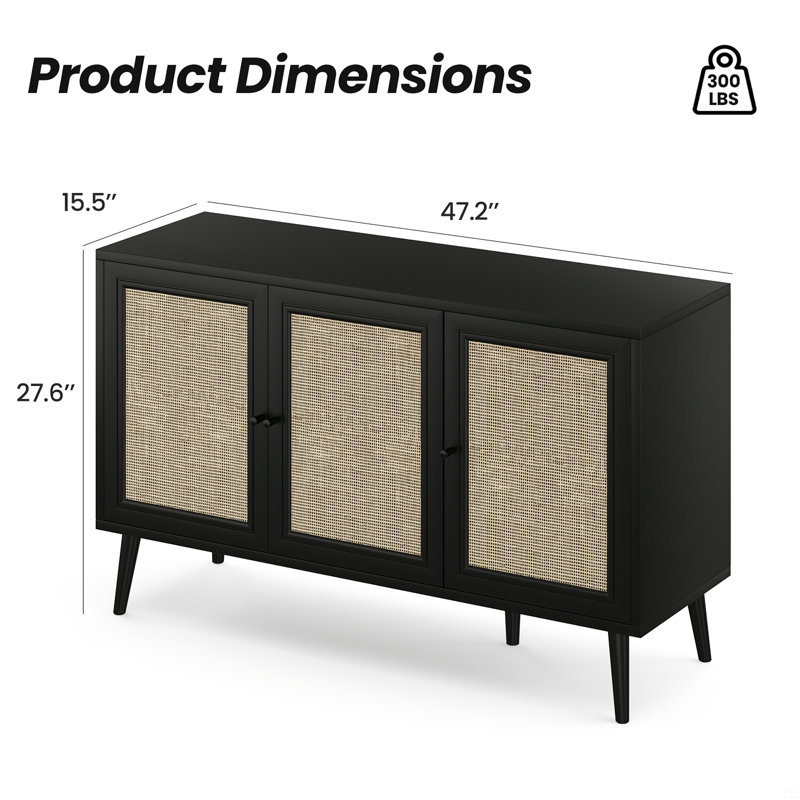 Buffet avec 3 portes en rotin et console de rangement pour la cuisine, Noir