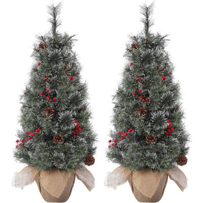 Petit sapin de Noël pré-éclairé de 3 pi, mini sapin de Noël avec base de sac en tissu à 78 lumières DEL et pommes de pin et baies rouges, décorations de Noël pour foyer, dessus de table, décoration intérieure