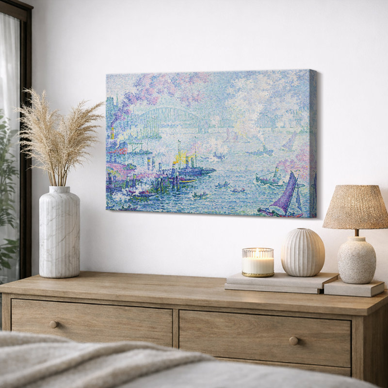 Port avec pont, dessin de paysage marin, photos de salon côtier, impression sur toile encadrée sur toile., H 12 po x l 18 po