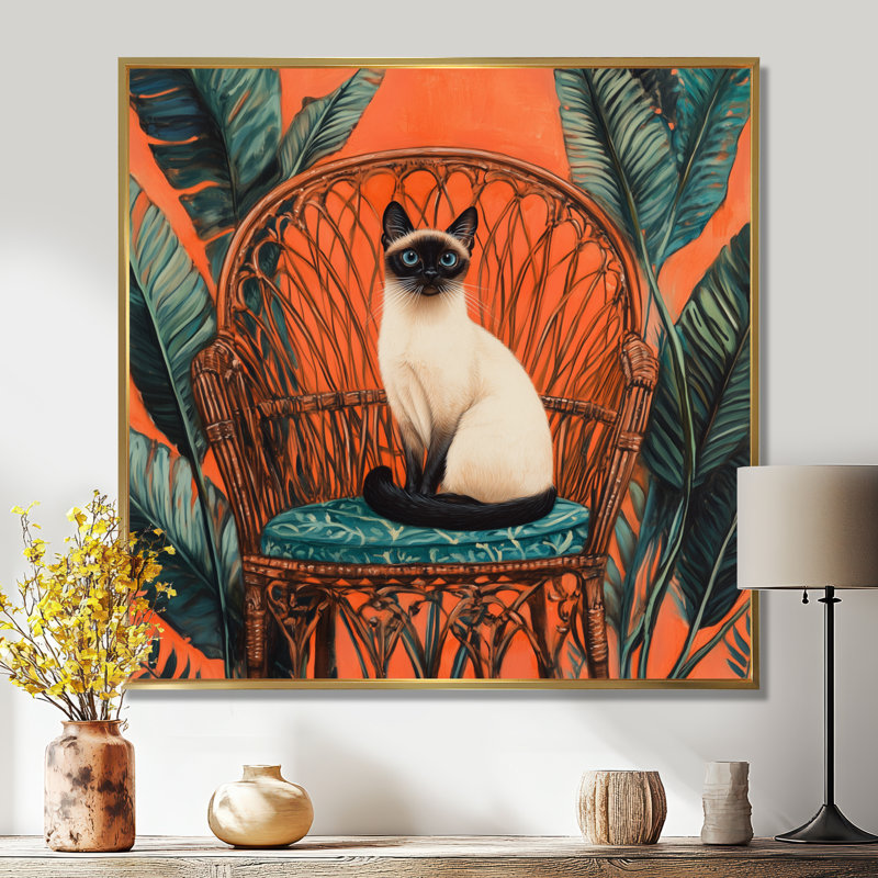 Fauteuil en rotin Paon - Tableau encadré sur toile représentant un chat siamois, H 16 po x l 16 po, Cadre flottant doré