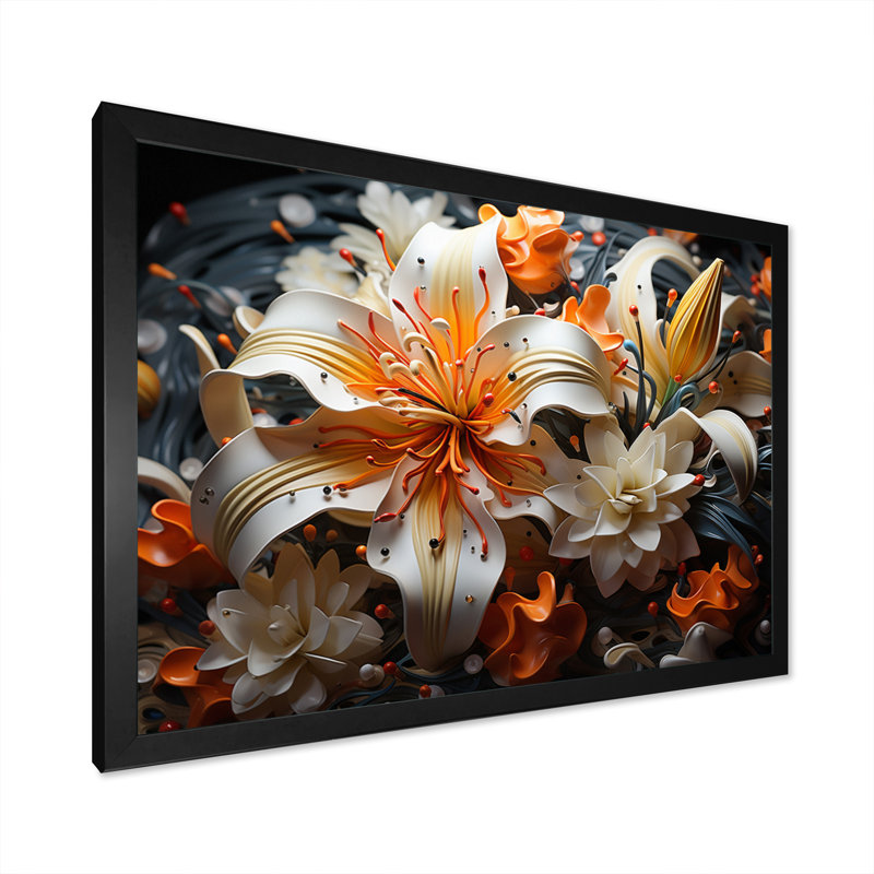 «Peach White Lilies Vibrant», reproduction sur toile, Cadre simple noir, H 34 po x l 44 po x P 1,5 po