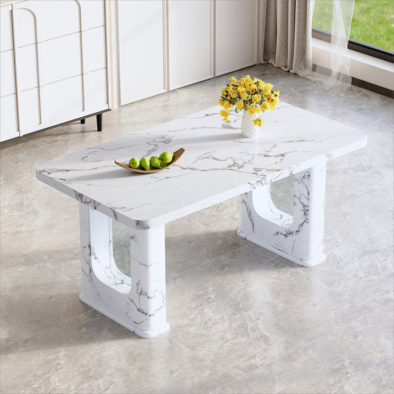 64.5 x 35.4 Inch Stylish Marble Textured Dining Table, Perfectly Blending Simplicity And Transparency. Made of MDF Material