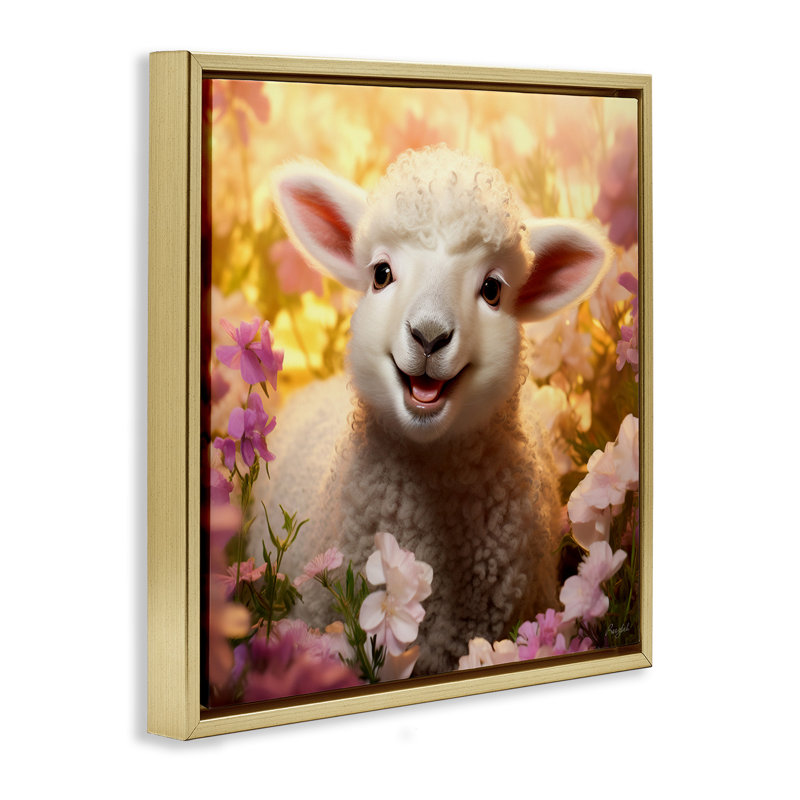 Agneau dans un pré fleuri, H 18 po x l 18 po, Cadre flottant métallique doré