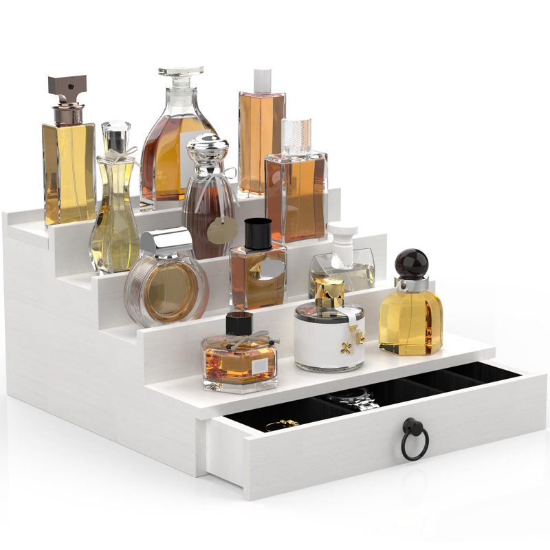 Organisateur de parfum pour hommes, organisateur de parfum en bois blanc à 4 niveaux avec tiroir et compartiment caché, porte-parfum
