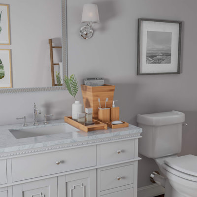 Ensemble de décoration de salle de bain 5 pièces - Accessoires de meuble-lavabo en bambou avec poubelle, porte-savon, distributeur de savon, porte-brosse à dents et plateau