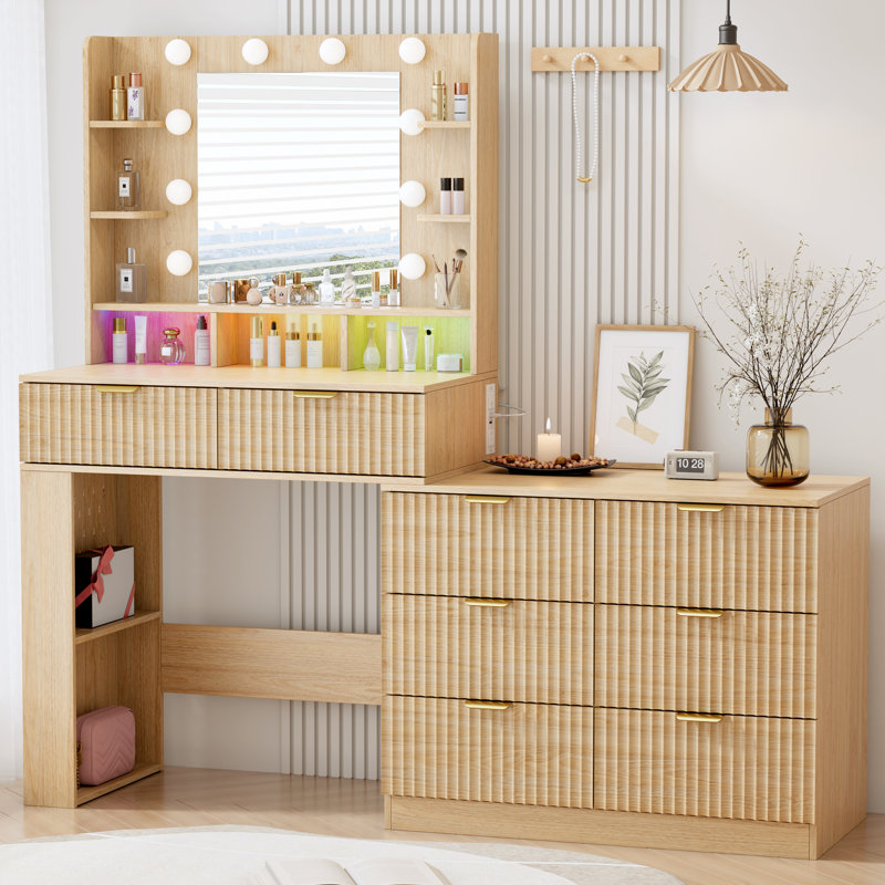 56"W Fluted Makeup Vanity with Charging Station, LED Mirror & 8 Storage Drawers , Beige