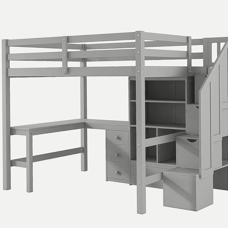 Lit mezzanine double avec bureau en L, tiroirs, garde-robe et escalier de rangement., Gris