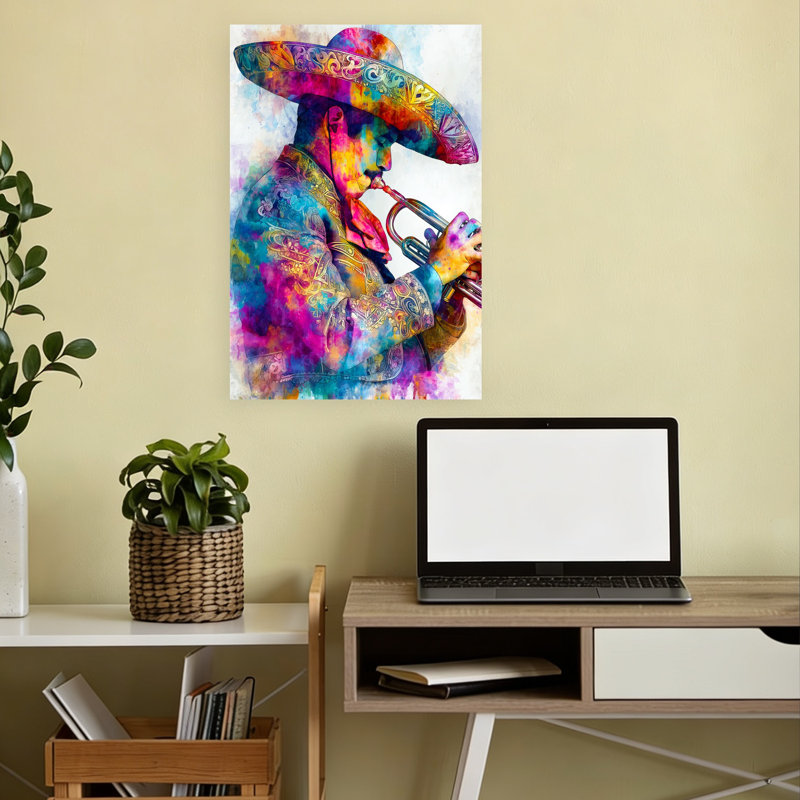 Vibrant Mariachi Trumpeter Abstract Colorful Traditional Portrait Wall Art Print 1 Piece Wrapped Canvas Wall Art