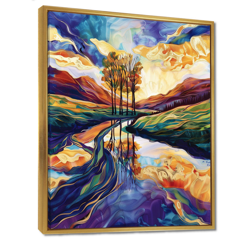 Arbres jaunes automne rivière mauve - paysage abstrait, art mural, salon, Cadre flottant doré, 20" H x 12" W