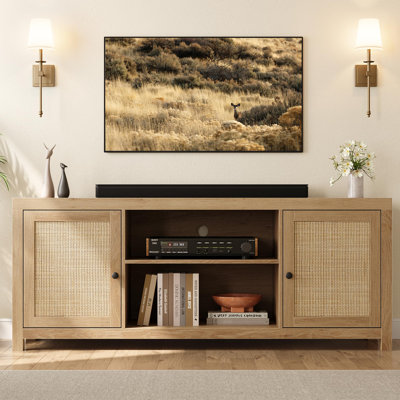 TV Stand For 75 Inch TV, Rattan Entertainment Center With Storage, Wood TV & Media Console