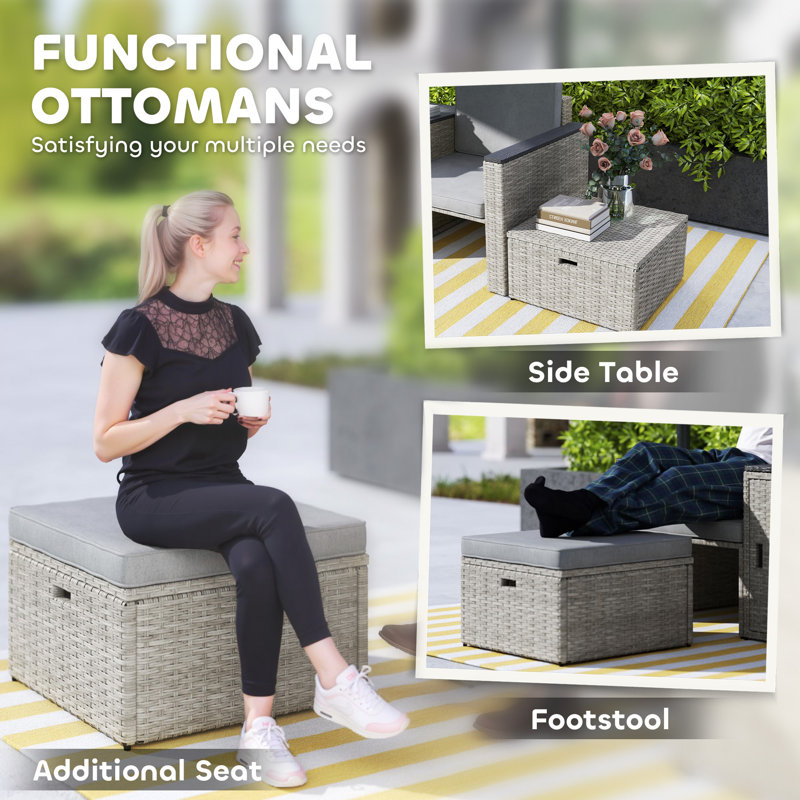 Outsunny 5 Piece Rattan Garden Furniture Set Nesting 2 Footstools Grey
