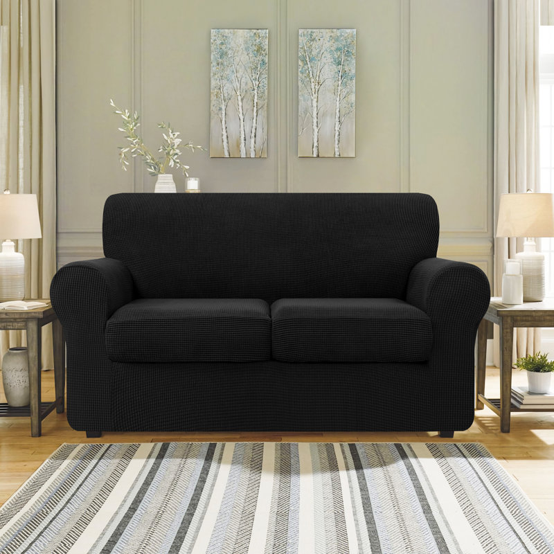 Textured Grid Soft Stretch Separate Box Cushion Sofa Slipcover, 104cm H x 178cm W x 107cm D, Black