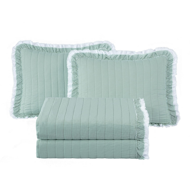 Bonnie Double Frayed Ruffled Edge Cotton Quilt Set, White/Aqua, Queen Quilt + 2 Standard Shams