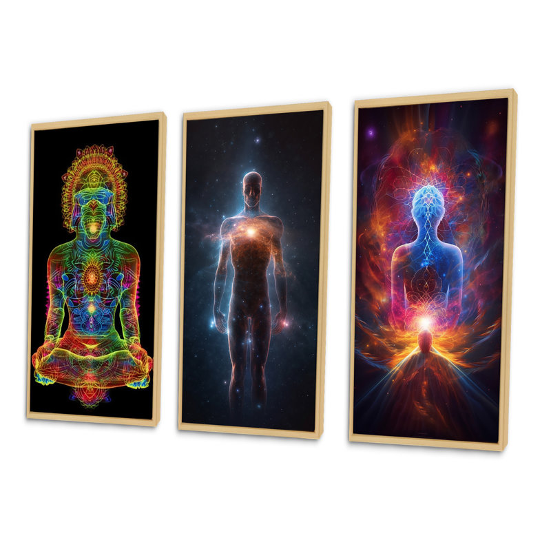 «Iridiscent Rainbow Awakening», 3 pièces sur toile, H 20 po x l 36 po, Cadre naturel flottant