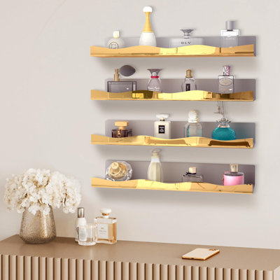 Tablette flottante 15,7 po en acrylique doré flottant, tablette organisateur de parfum, présentoir de jouets de rangement de salle de bain moderne, paquet de 4