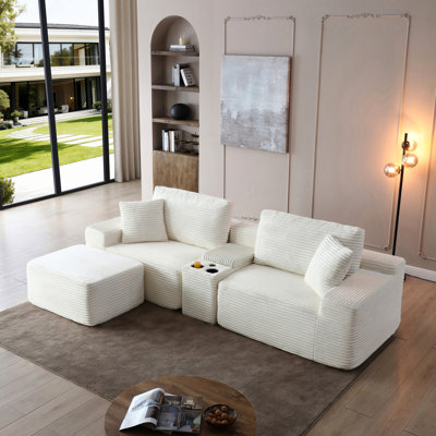 Canapé profond en velours côtelé beige avec porte-gobelets, ports USB, rangement, fonction convertible, mobile, sans montage, pour salon, coffre de rangement, fonctionnel, beige, pièce principale, confort moyen
