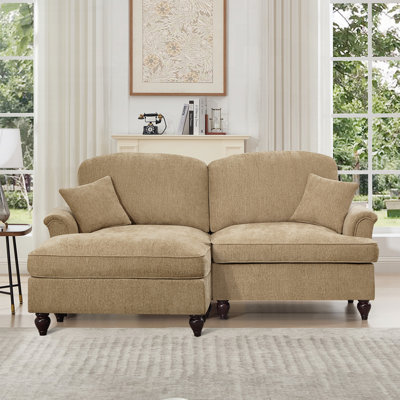 Elegant Mid Century Large Two Seater Modular L Shaped Sofa Couch with Flared Arms and Removable Ruffles Pleats Skirts and Spindle Legs, Comfy Chenille