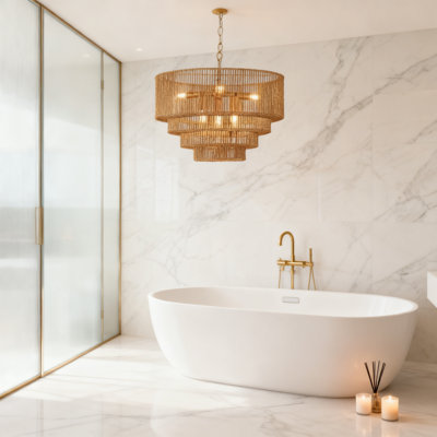 Lustre en rotin tissé à la main avec 6 lumières, tambour rétro style campagnard, luminaire en osier de bambou Boho pour salle à manger, îlot de cuisine, chambre à coucher