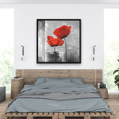 Two Red Flowers on Grayscale Canvas | Gray Livingroom Decor