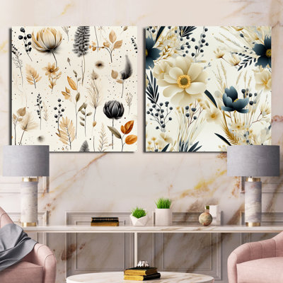 Fleurs géométriques grises et beiges - ensemble de 2 carrés botaniques abstraits