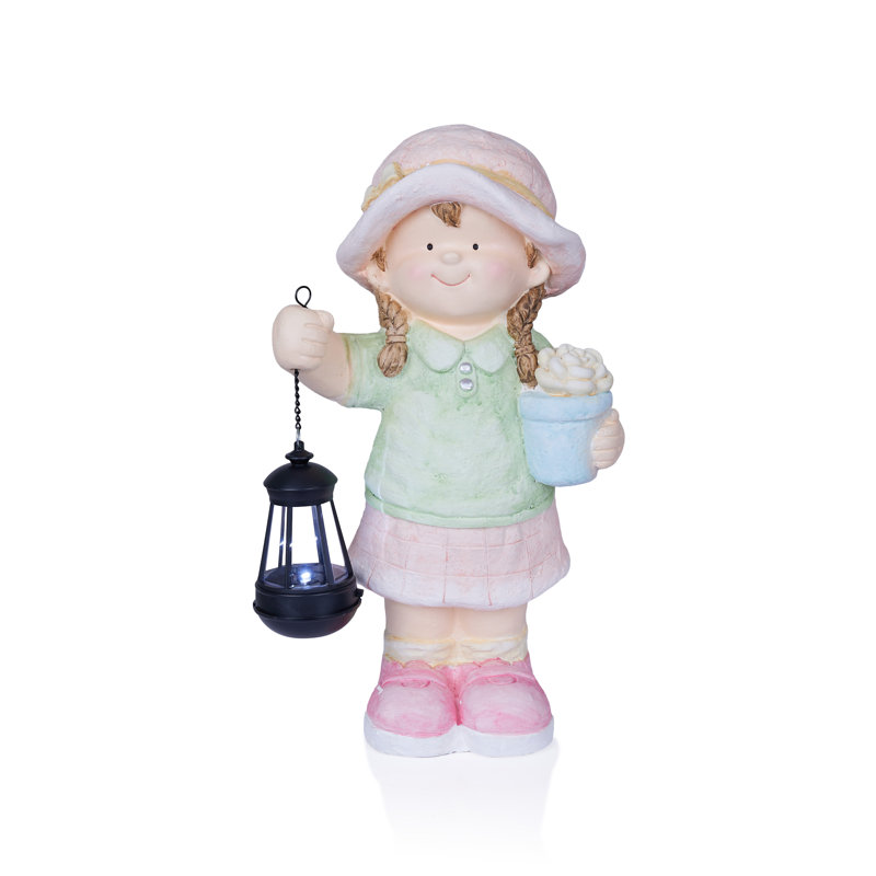 17"H Girl Holding Lantern Solar Statue with LED Lights