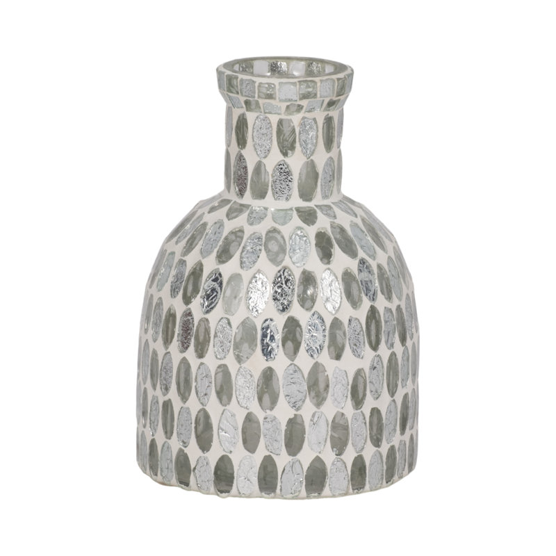Glass Round Mosaic Vase, 6" H x 4" W x 4" D, Mosaic White